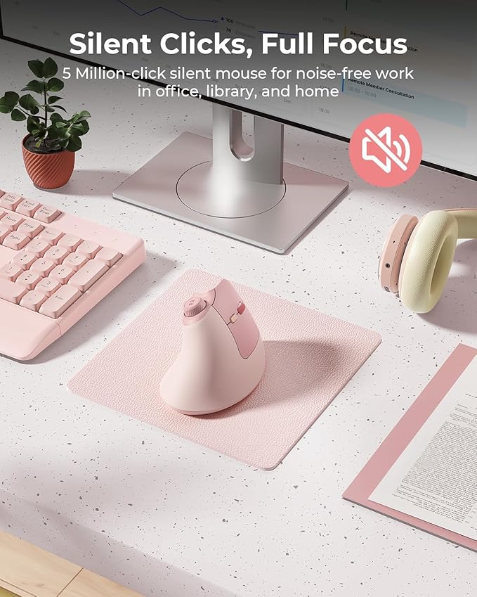 seenda Ergonomic Mouse Wireless, MOU-302 Bluetooth Vertical Mouse Rechargeable, Volume Knob, Silent Mice & 1000/1600/2400 DPI, 3 Multi-Device Connection for Windows/PC/Laptop/Mac/MacBook, Pink