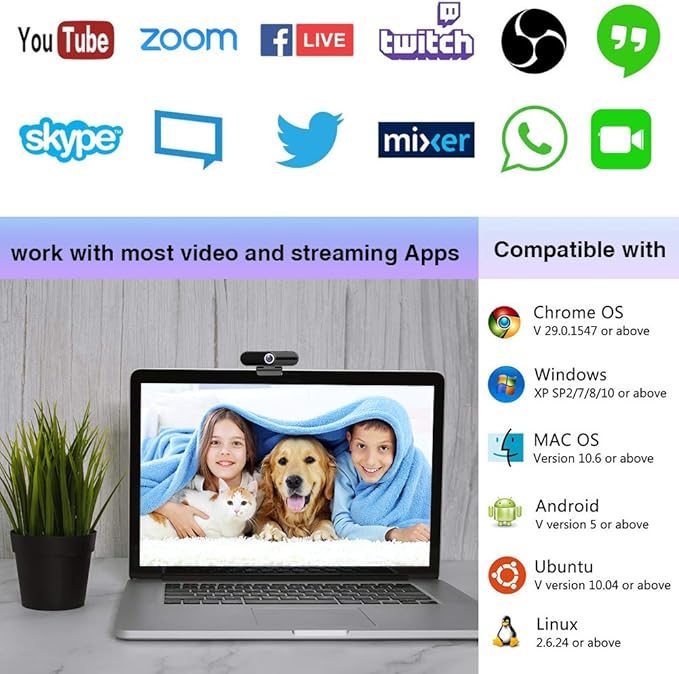 4K Webcam with Microphone and Tripod, USB Web Camera for PC and Laptop, 8MP Widescreen for Video Calling, Recording, Streaming and Conference