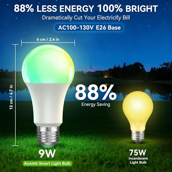 Auxmir Smart Light Bulbs with Remote, RGB+CCT Color LED Light Bulbs Work with Alexa & Google Home, Multiple Scene and Music Sync Light Bulb, A19 9W 800LM, WiFi Bluetooth 2.4GHz No Hub Required, 2-Pack