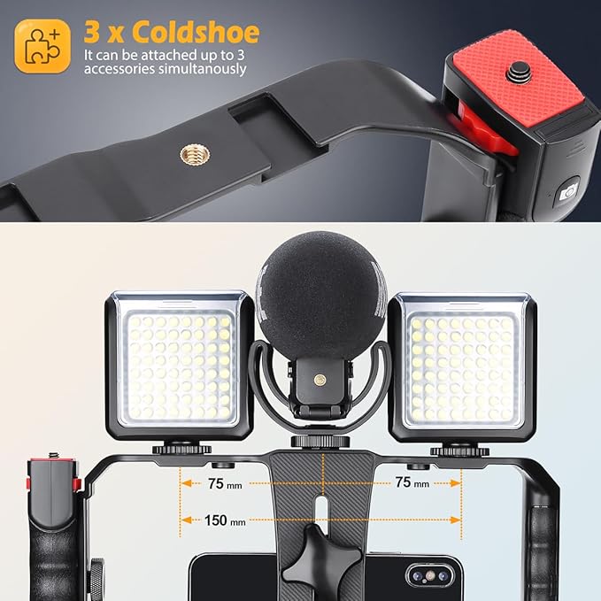 Smartphone Video Rig, Filmmaking Vlogging Cage, Phone Stabilizer Tripod Mount with Wireless Remote Shutter for All iPhone and Android Smartphones