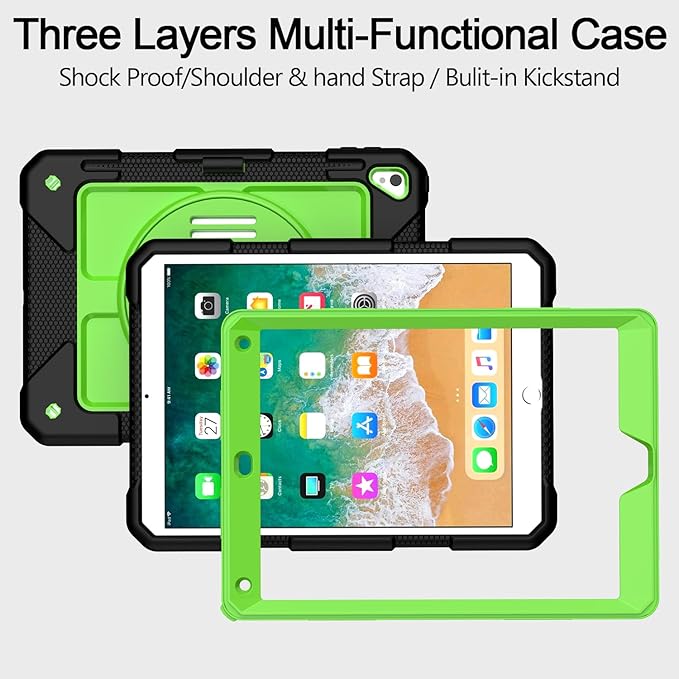 MENZO Shockproof Case for iPad 5th Gen/6th Gen/Air 2/Pro 9.7-inch with 360° Swivel Stand, Pencil Holder, Detachable Hand and Shoulder Strap, Black+Green
