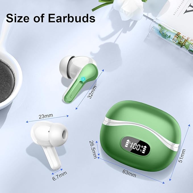 Wireless Earbuds, Bluetooth Headphones 5.4 HiFi Stereo, Ear Buds with 4 ENC Noise Cancelling Mics, 48H Bluetooth Earbuds with Dual LED Display, IP7 Waterproof in Ear Earphones for Android iOS, Green
