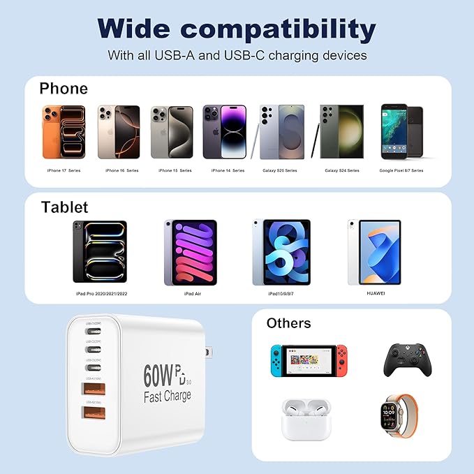 USB C Charger Block, 5 in 1 60W Charging Blocks, PD 3.0 25W Single Max Fast Charger, QC 2A USB Wall Charger for iPhone 17 16 15 14 13 12 Pro Max, iPad, iPod, Samsung, AirPods Pro, Apple Watch Series