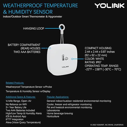 YoLink Smart Outdoor Temperature & Humidity Sensor, Hygrometer, Thermometer, 1000' Long Range, 2 Years Battery Life, Emails, Text/SMS, App Alerts, Alexa, IFTTT Integration. Hub Required!