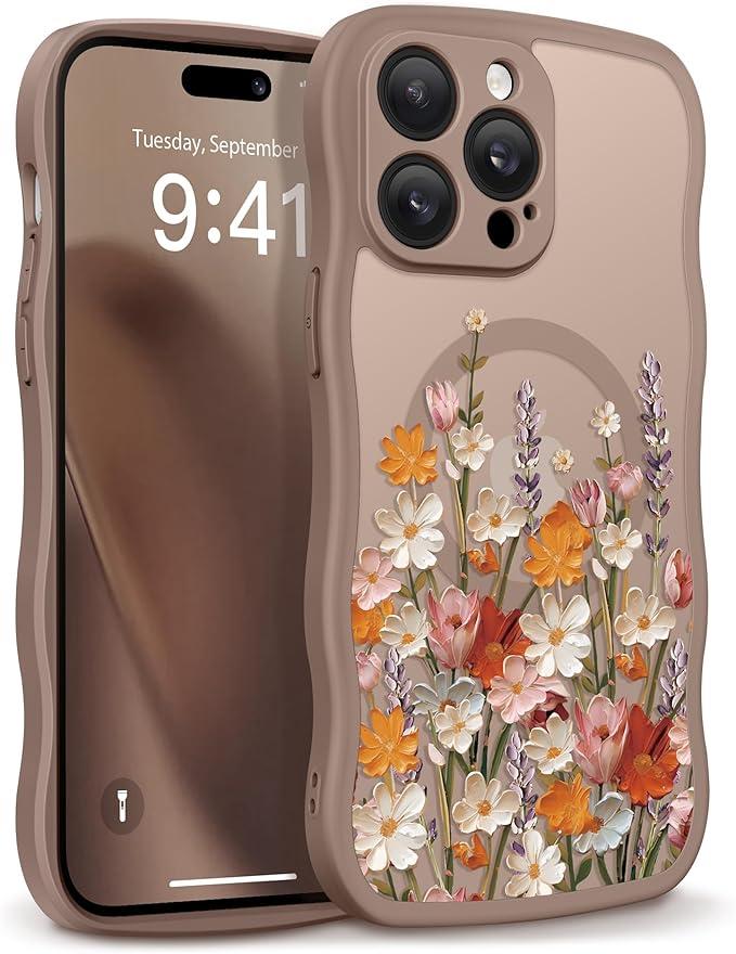 GVIEWIN for iPhone 14 Pro Case Compatible with MagSafe [Curly Wave Edge][Full Camera Protection] Floral Translucent Shockproof Magnetic Women Phone Case for 14 Pro, Primrose/Brown