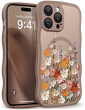 GVIEWIN for iPhone 14 Pro Case Compatible with MagSafe [Curly Wave Edge][Full Camera Protection] Floral Translucent Shockproof Magnetic Women Phone Case for 14 Pro, Primrose/Brown