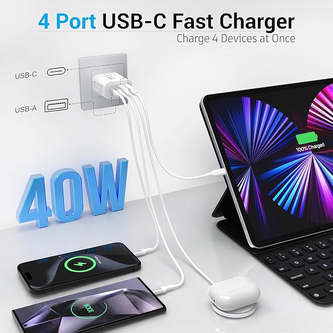 USB C Charger Block, 40W 4 Ports USB-C Wall Charger Plug Fast Charging, QC Multiport Adapter, USB A Type C Box Brick Cube Compatible with iPhone 17 16 15 14 13 12 Pro Max, & for Samsung Galaxy