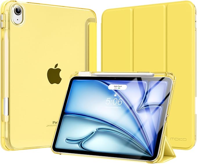 MoKo for iPad Air 11 inch Case (M4/M3/M2) 2026/2025/2024, iPad Air 5th/4th Gen 10.9 inch Case 2022/2020 with Pencil Holder, Slim Light Trifold Cover with Hard PC Translucent Back Shell, Light Yellow