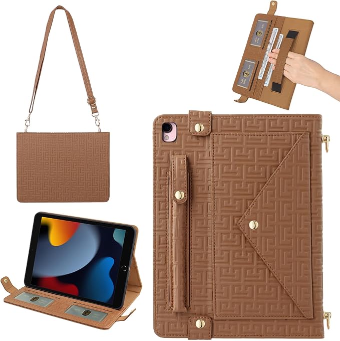 Elegant Crossbody Folio Stand Wallet Case w/Pencil Holder, Card Slots, Hand Strap, Shoulder Strap, Brown