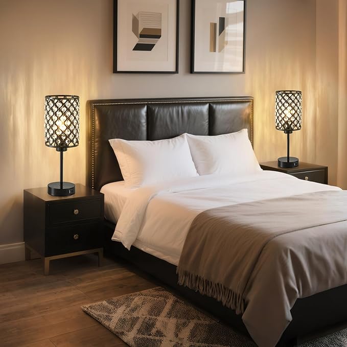 GyroVu Touch Control Table Lamp, Black Crystal Table Lamps Set of 2 with 2 USB Charging Ports, Dimmable Bedside Nightstand Lamps for Living Room, Bedroom, Guest Room, Bulbs Included