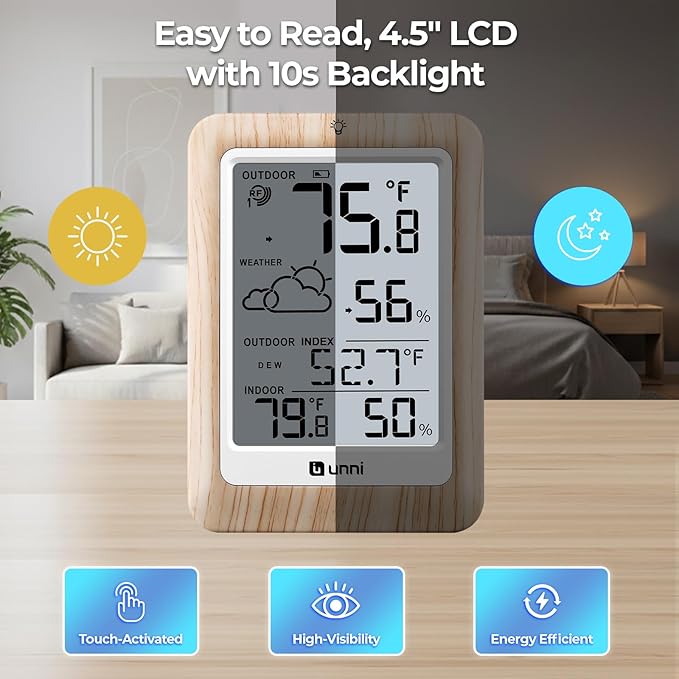 Indoor Outdoor Thermometer Wireless Weather Station, Temperature Humidity Monitor Battery Powered Inside Outside Thermometers with 330ft Range Remote Sensor and Backlight Display（Wood）