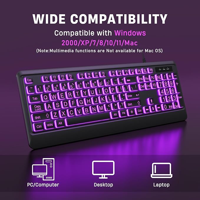 Luzarriba Large Print Backlit Computer Keyboards, 7 Colors Backlight USB Keyboard, Plug-and-Play, Foldable Stands, Corded Full Size Keyboard for Windows, PC, Laptop (Black, Large)