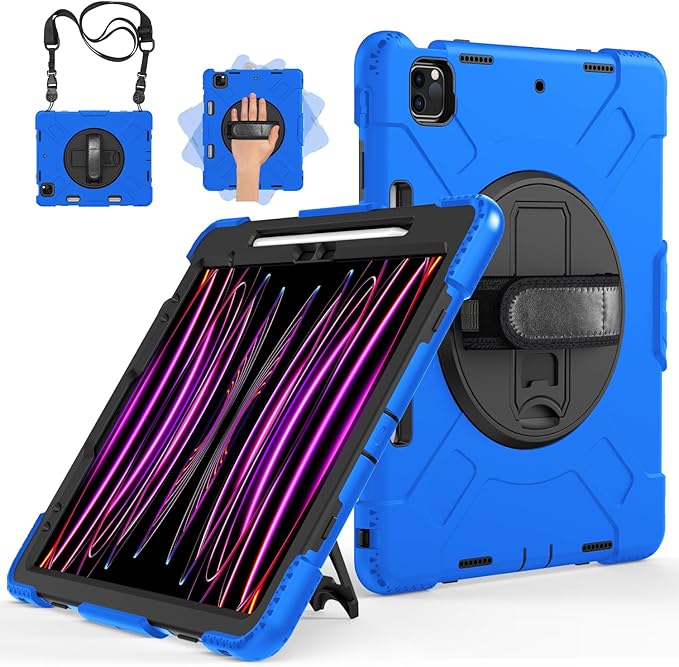 Miesherk Case for iPad Pro 12.9 Inch 6th/5th/4th Generation, Military Grade Heavy Duty Shockproof iPad Pro 12.9 Case - Rotating Stand, Pencil Holder, Hand/Shoulder Strap, Black+Blue