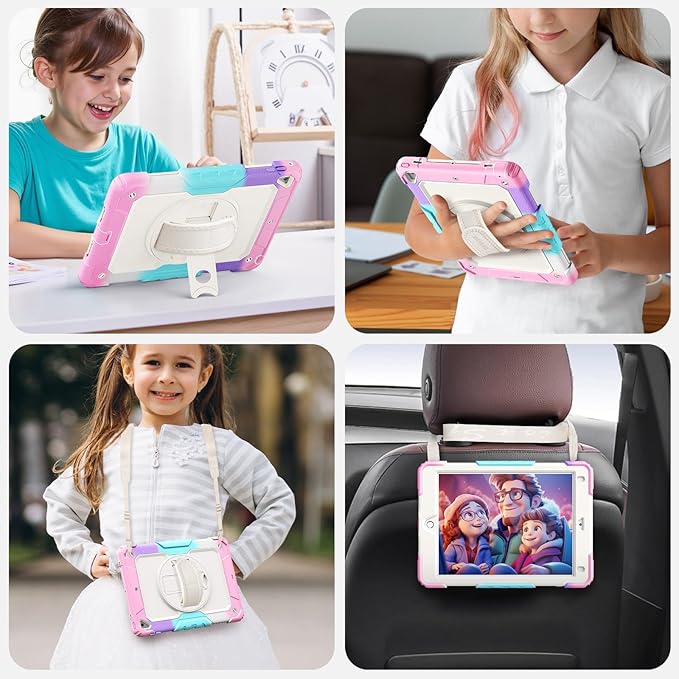 SEYMAC Case for iPad 6th/5th Generation 9.7 Inch, Full-Body Shockproof Heavy Duty Protective Case with Screen Protector, Rotating Stand/Hand/Shoulder Strap for iPad Air 2/ Pro 9.7, Colorful Pink