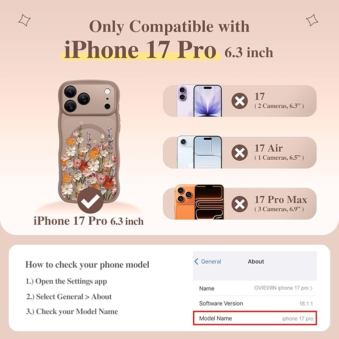 GVIEWIN for iPhone 17 Pro Case Compatible with MagSafe [Curly Wave Edge][Full Camera Protection] Floral Translucent Shockproof Magnetic Women Phone Case for iPhone 17 Pro 6.3'', Primrose/Brown
