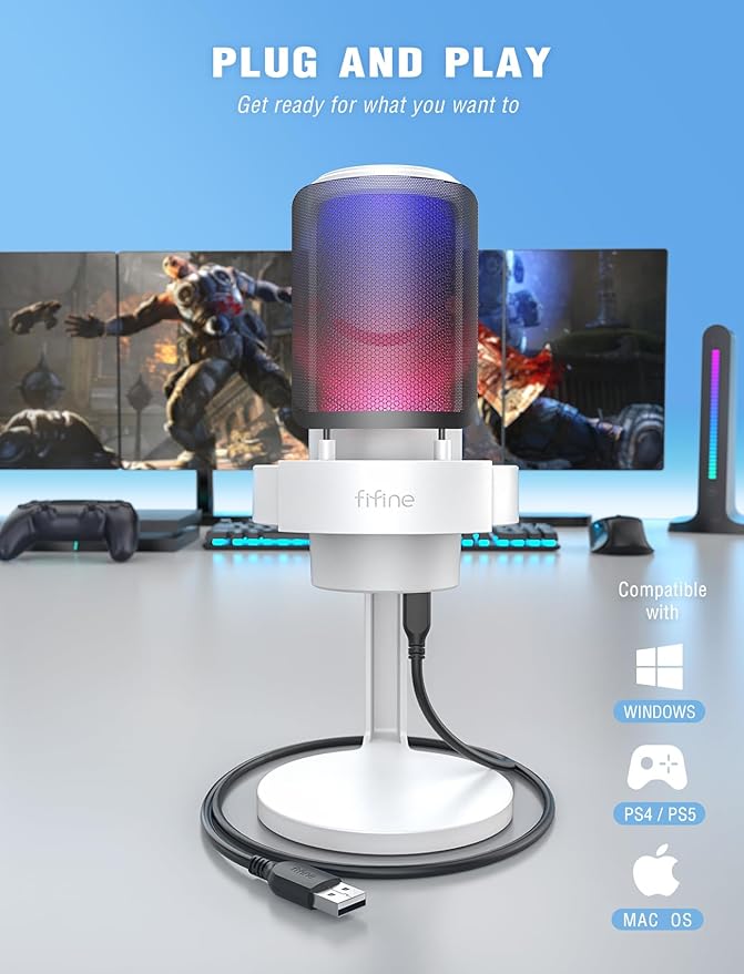 FIFINE Gaming USB PC Computer RGB Microphone for Live Streaming, Meeting, Podcasting, Video, Condenser Mic with Monitoring Headphone Jack, Light Control, for MAC OS/Windows-AmpliGame A8 White