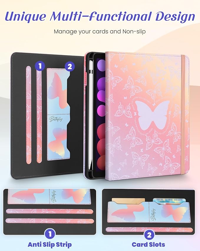 Kidcube for iPad mini 7 Case A17 Pro 2024, for iPad mini 6th Generation Case 8.3 Inch - Women Girls Kids Cute Rotating Stand Folio Cover with Pencil Holder & Card Slot Girly Kawaii Butterfly Cover