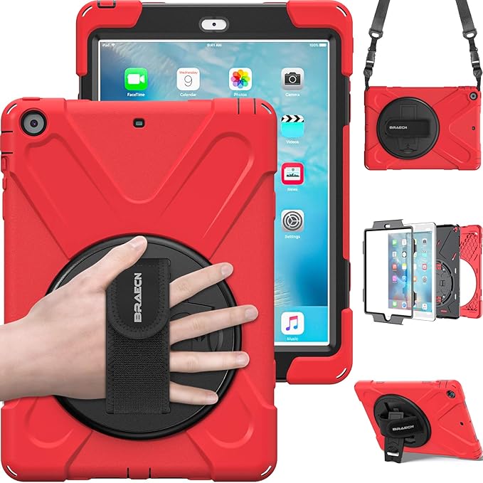 BRAECN for iPad Air 1st Generation Case 2013 .Heavy Duty Protective Case with 360 Rotating Stand/Hand Strap/Shoulder Strap for Apple iPad Air 1-9.7 inch