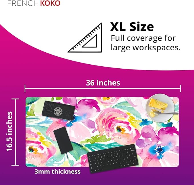 French KOKO Large Mouse Pad Desk Mat Desk Pad Keyboard School Essentials Office Decor Big Extended Laptop Protector Computer Accessories Pretty Mousepad Women Girls Pink Flowers XL Gift