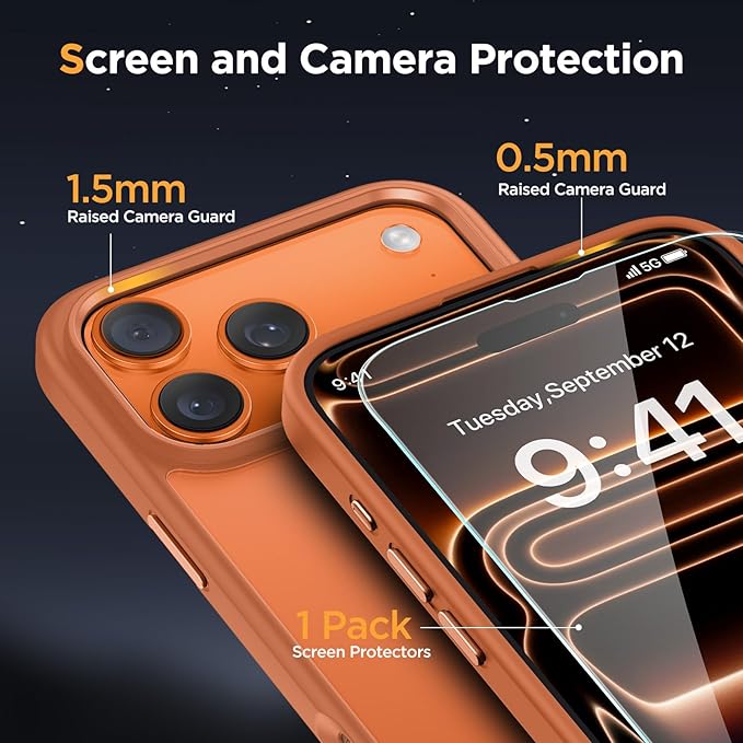 Miracase Magnetic for iPhone 17 Pro Max Case with Screen Protector [Compatible with MagSafe] Slim Thin Phone Case Military-Grade Protected for 17 ProMax Cover Bumper 6.9", Orange