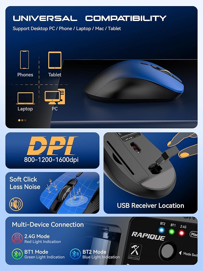 RAPIQUE Bluetooth Wireless Mouse - Dual Bluetooth & 2.4 GHz USB Receiver, Comfortable Grip, Quiet Clicks, Low Power - Multi-Device Compatibility for Laptop, MacBook, Computer, ipad(Gradient Blue)