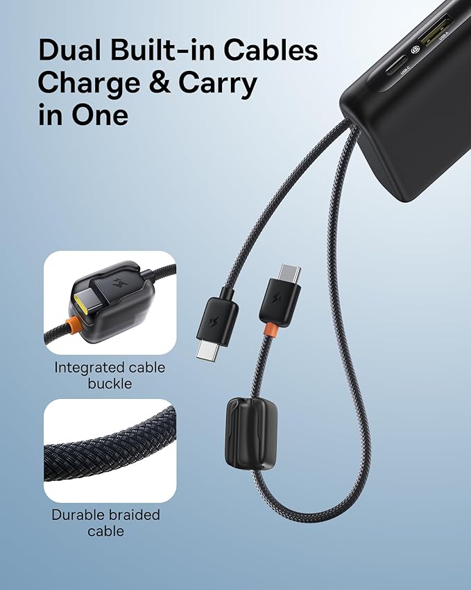 Baseus 100W Power Bank 20000mAh, Portable Laptop Charger with Built-in USB-C Dual Cables, Travel Essential PD QC Fast Charging for MacBook, iPad, iPhone 17/16, Samsung, Steam Deck, TSA-Approved