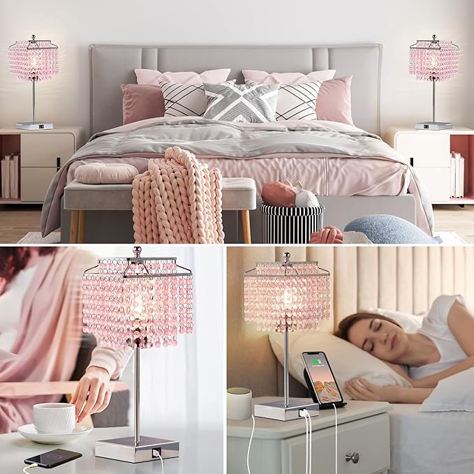 Luvkczc Crystal Touch Table Lamp, Bedside Lamp with USB C+A Ports, Pink Lamp, Dimmable Lamp with Crystal Shade, Nightstand Lamp for Girl Bedroom, Living Room, Bulb Included