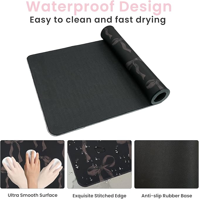 Black Desk Mat Bows, Cute Bow Mouse Pad Desk Matt for Desktop, 31.5 x 11.8” Extra Large Black Laptop Keyboard Computer Mat, Non-Slip Base, Stitched Edge, Girly Office Décor Desk Accessories for Women