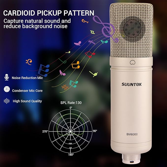 SUUNTOK Condenser Microphone XLR, Large Diaphgram Professional Recording Cardioid Microphone Kit with Shock Mount, for Studio, Live Streaming, Podcas (Silver)