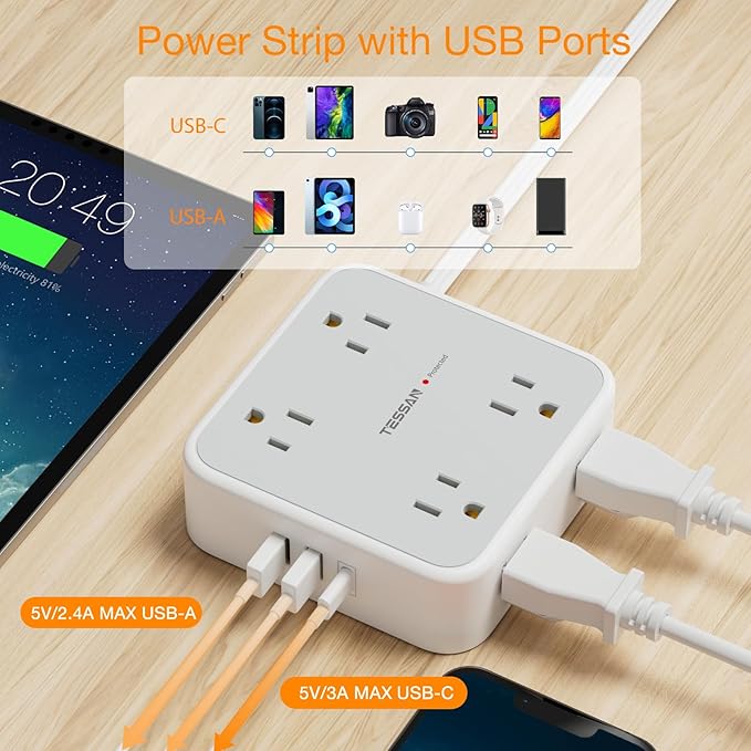 TESSAN Surge Protector Power Strip, 20 Ft Flat Plug Extension Cord with 3 USB (1 USB C) 8 Outlets, 1250W, 900J Protection, 3 Sided Outlet Extender with Power Switch for Office, Dorm Room, Grey