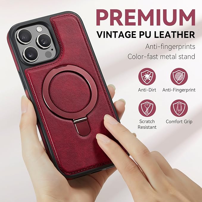 Compatible with iPhone 15 Pro Max Case with Stand, Compatible with MagSafe, Slim PU Leather & Durable TPU Protective Cover Drop-Proof with Tempered Glass Screen Protector 6.7", Red