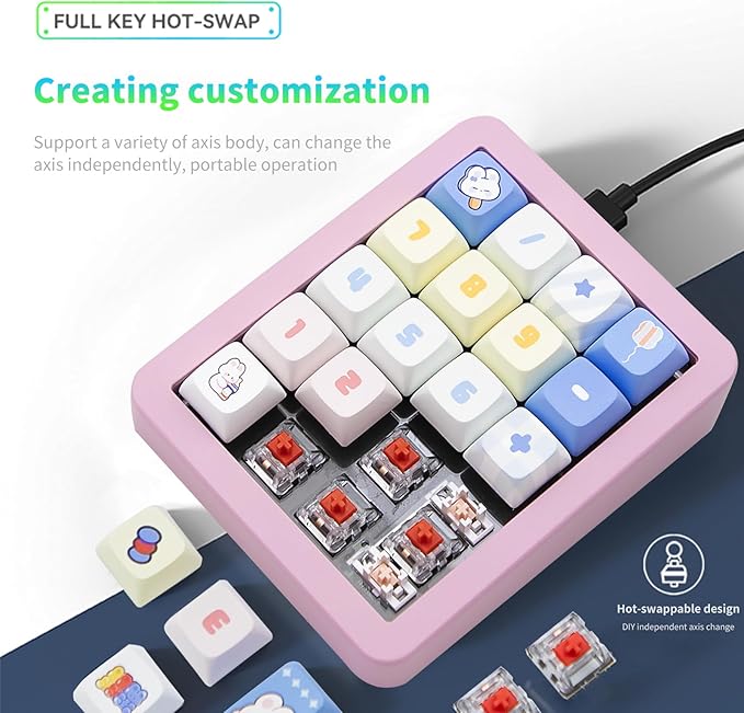 Adventurers K812 Wired Mechanical Numeric Keypad, 19-Key Hot-Swappable RGB Numpad, Macro Programmable, Detachable Type-C Cable, Game/Office Mode Switch – for PC/Laptop/Desktop (Pink)