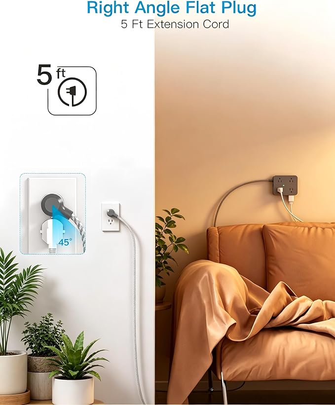 Surge Protector Power Strip - HANYCONY 8 Outlets 4 USB (2 USB C) Charging Ports, Multi Plug Outlet Extender, 5Ft Braided Extension Cord, Flat Plug Wall Mount Desk Charging Station for Home Office ETL