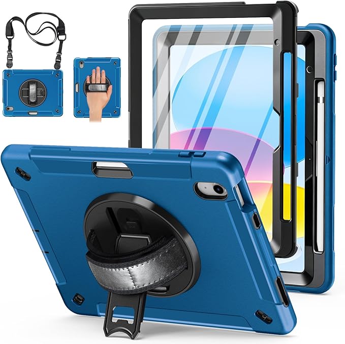 Case for iPad (A16) 11th/10th Generation Case: Protective Cover for iPad 11th Gen 11 Inch 2025 &10th Gen 10.9" 2022 with Screen Protector- Stand- Shoulder Strap- Handle- Pencil Holder-Dark Blue