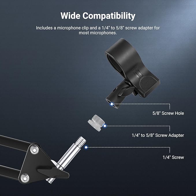 NEEWER Desktop Microphone Stand with Flexible Arm, Adjustable Desk Mic Clamp Holder Mount with Clip & 1/4" to 5/8" Adapter Compatible with Shure Razer Seiren Mini Audio Technica AT2020, MS042