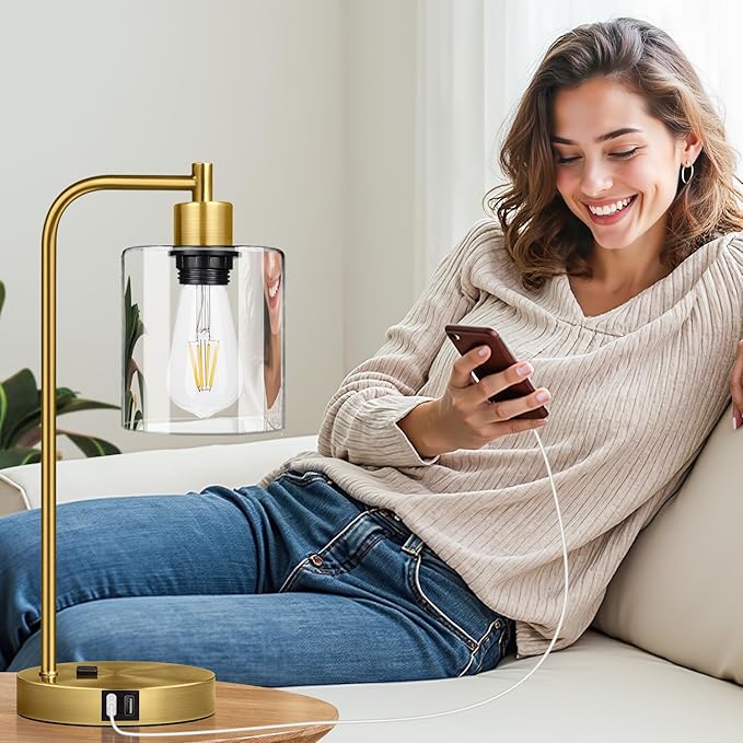 Nintiue Industrial Touch Table Lamps Set of 2-2 USB Ports & AC Outlet Nightstand Lamps, 3-Way Dimmable Bedside Desk Lamp for Living Room Bedroom, Glass Shade & 2 LED Bulbs Included - Brass