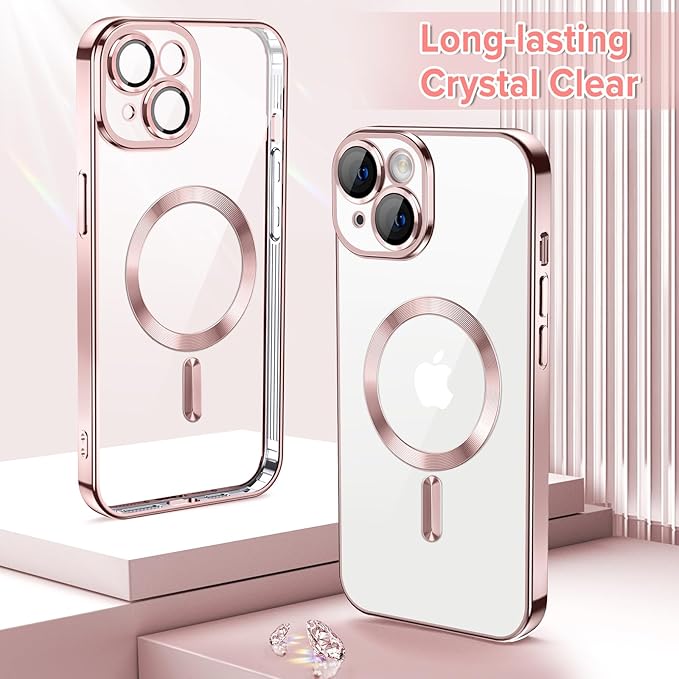 Hython Magnetic Clear for iPhone 14 Case with Camera Lens Protector [Compatible with MagSafe] Luxury Plating Edge Slim Soft TPU Cover Protective Phone Case for iPhone 14 6.1", Pink