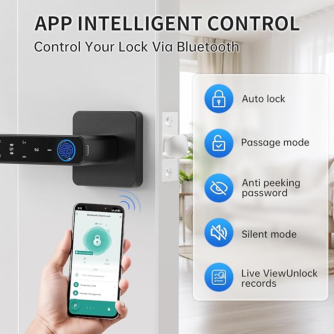 Fingerprint Door Lock-Smart Door knob, Biometric Door Locks,with App/Code/Backup Key/Fingerprint/IC Card, Smart Door Knob Keyless Entry Door Lock with Handle for Home Hotel Office Apartment Bedroom