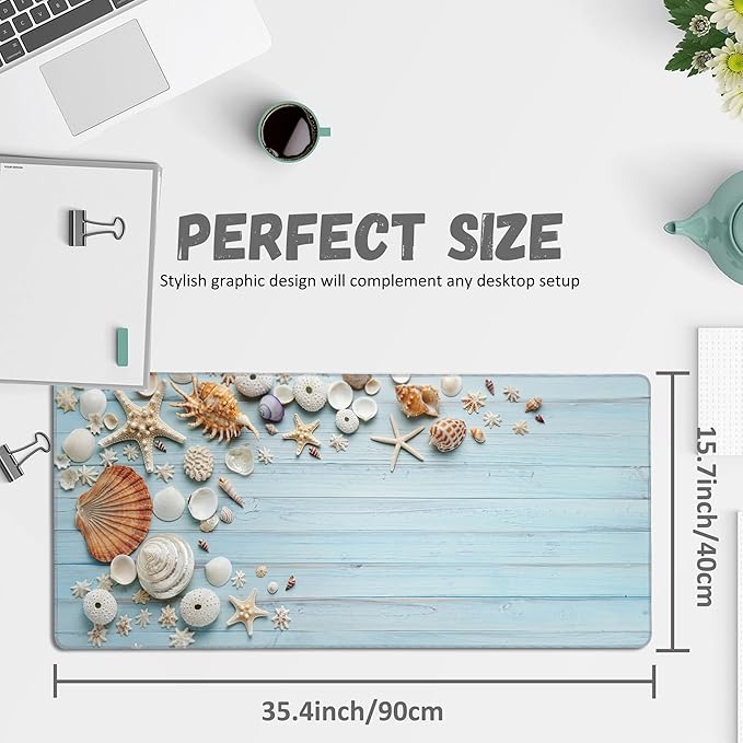 Large Mouse Pad Shells on Light Blue Wood Extended Gaming Mouse Pad Non-Slip Desk Mat with Stitched Edge Laptop Computer Keyboard Mousepad for Office Home 35.4" x 15.7"