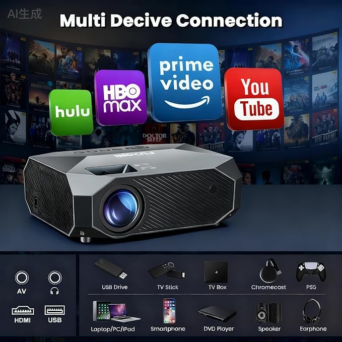 FUDONI Projector with WiFi and Bluetooth, Outdoor 4K Support 18000L Projector HD 1080P Max 300" Display, Movie Video Portable Home Theater Projector Compatible with USB/HDMI/iOS/Android/TV Stick