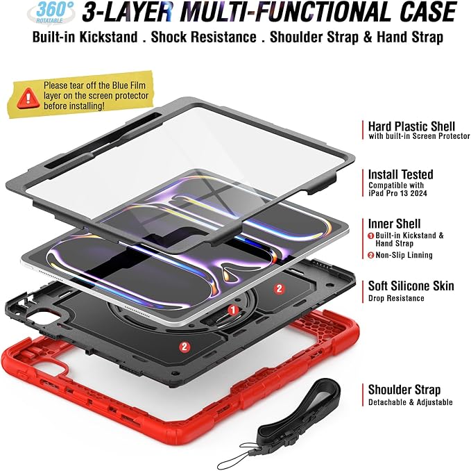 Case for iPad Pro 13 7th Generation with Screen Protector | Case Compatible with iPad 13 Inch for Kids Girls Boys | Shockproof Rugged Protective Cover W/Stand Hand Grip Shoulder Strap | Red