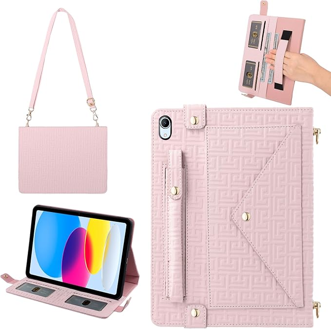Handbag Case for iPad 11th Gen A16 2025/10th Gen 2022 10.9-inch, Techcircle Elegant Crossbody Folio Stand Wallet Case with Pencil Holder, Card Slots, Hand Strap, Shoulder Strap, Baby Pink