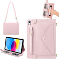Handbag Case for iPad 11th Gen A16 2025/10th Gen 2022 10.9-inch, Techcircle Elegant Crossbody Folio Stand Wallet Case with Pencil Holder, Card Slots, Hand Strap, Shoulder Strap, Baby Pink
