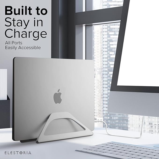 Elestoria Aluminum Vertical Laptop Stand with Gravity Auto-Lock – Adjustable Laptop Holder Vertical fits MacBook Pro/Air, Chromebook & Gaming Laptops up to 17.3" – Space-Saving Desktop Dock - Silver