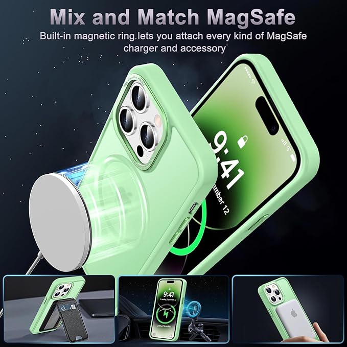 Newfuture Designed for iPhone 14 Pro Max Case with Magnetic [13 FT Military Drop Protection] [Compatible with Magsafe] Slim Translucent Matte Shockproof with Anti-Fingerprint Phone Case, Matcha Green