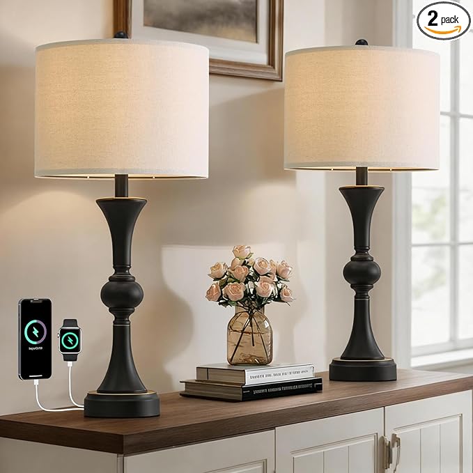 Oneach 28" Modern Table Lamps Set of 2 for Living Room, Bedside Lamps with USB Ports, Black Nightstand Lamps Set for Bedroom Farmhouse Lamp End Table Lamps (Bulbs not Included)