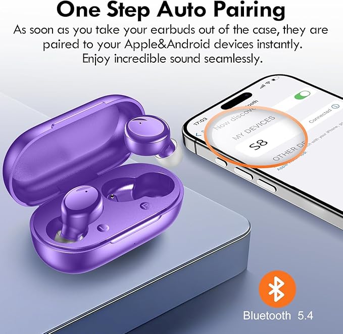 Lanteso True Wireless Bluetooth 5.4 Earbuds, 48H Playtime,Light Weight Headphones in Ear Buds Built in Mic Headset Premium Sound with Deep Bass,Clear Calls Earphones for Sports Workout Purple