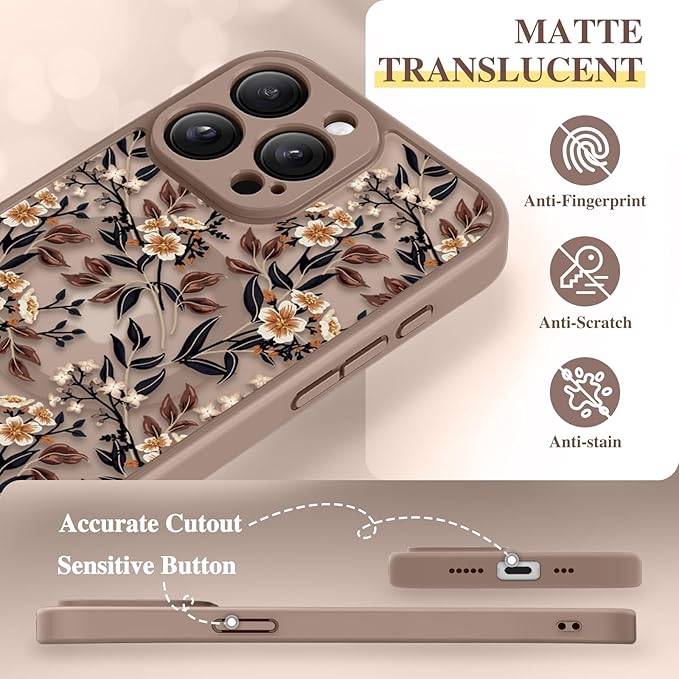 GVIEWIN for iPhone 15 Pro Case Compatible with MagSafe, [Military Grade Protection] [Screen Protector] Full Camera Protection Floral Translucent Women Magnetic Phone Case, Bunchflower/Brown