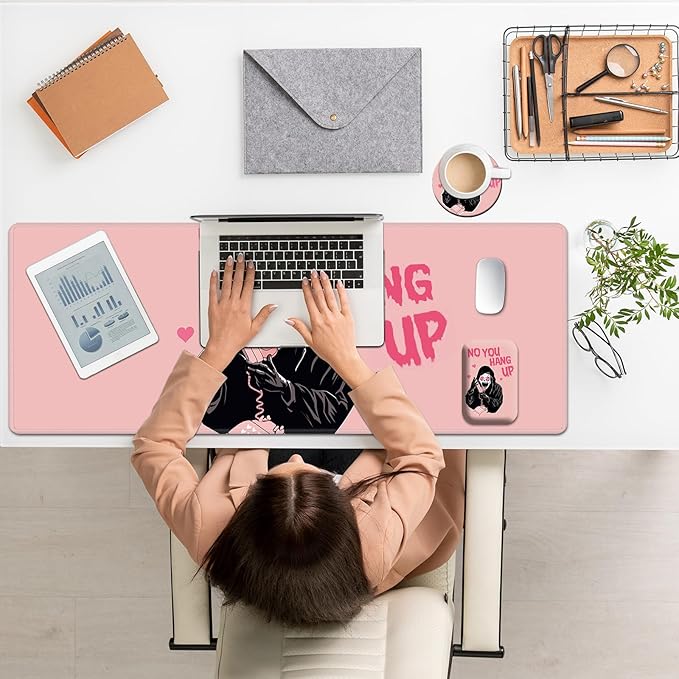 Large Mouse Pad Set, Desk Mat + Elbow Rest Pad + Coaster, Easy Typing Pain Relief, Ergonomic Arm Rest Pad with Memory Foam, Extended Desk Pad Anti-Slip Rubber Base for Office Home, Pink Ghostface