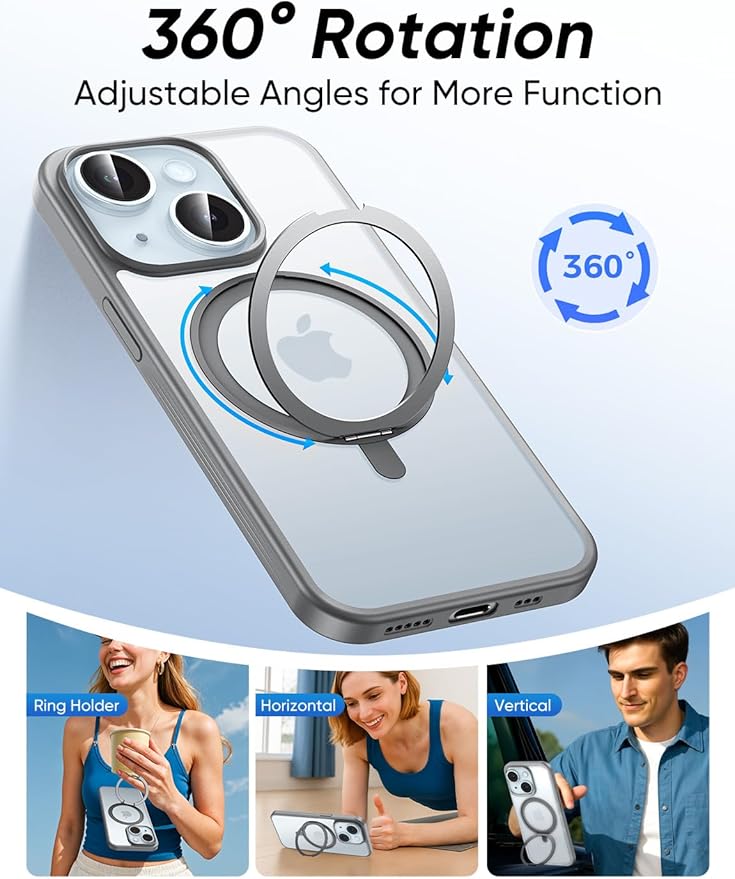 MAGIC JOHN 360° Rotatable Magnetic Invisible Stand for iPhone 15 Case [Anti-Slip Grip] [Compatible with MagSafe] 16FT Shockproof for iPhone 15 Case with Kickstand, Black
